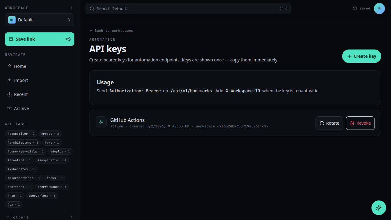 The API keys tab inside Workspace settings.