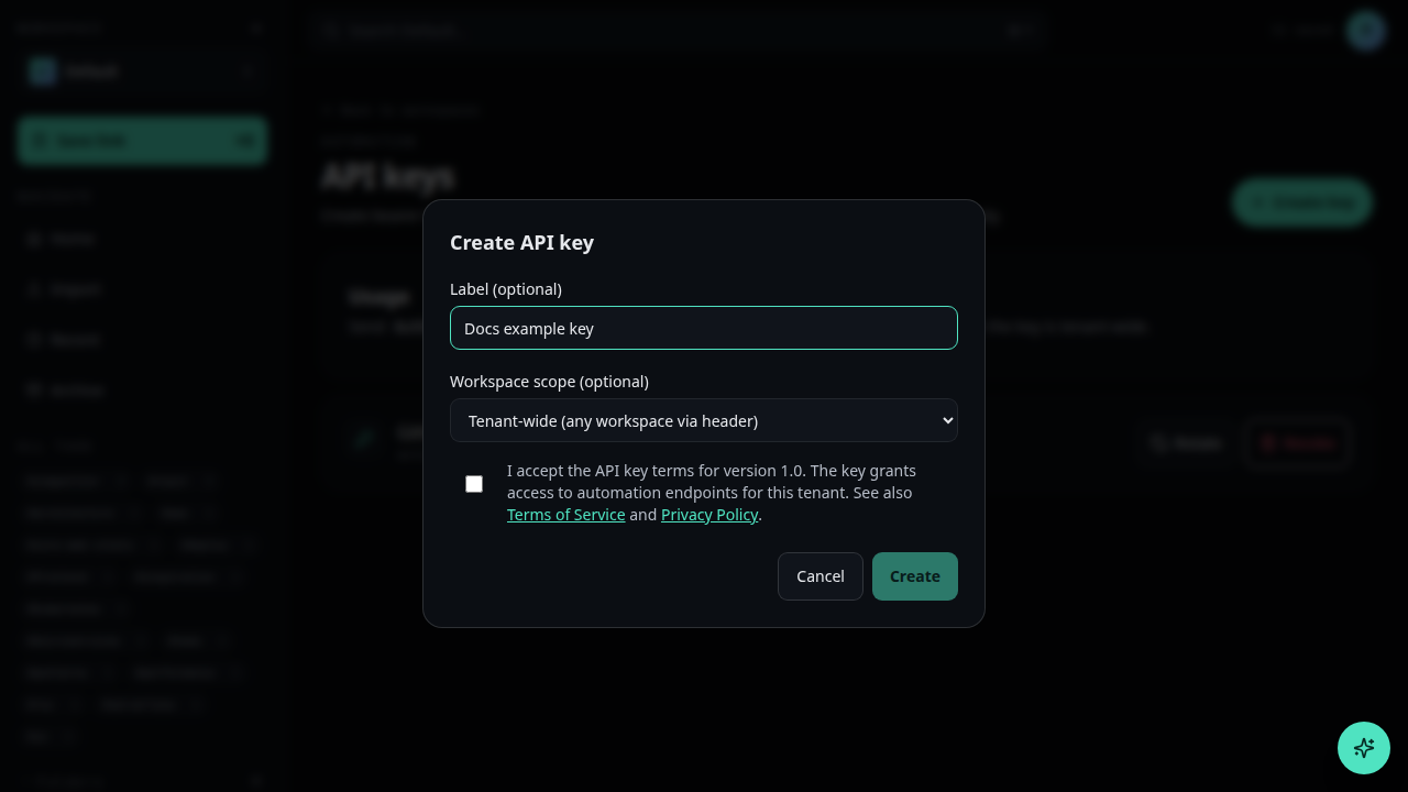 The new API key dialog with name and scope fields.