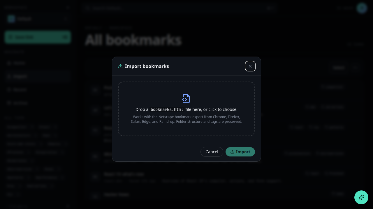 Workspace settings menu with Import bookmarks highlighted.