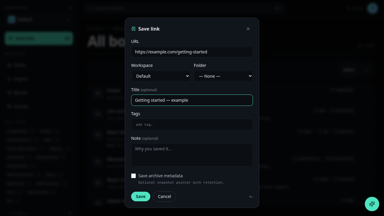 The New menu opened with the Bookmark option highlighted.