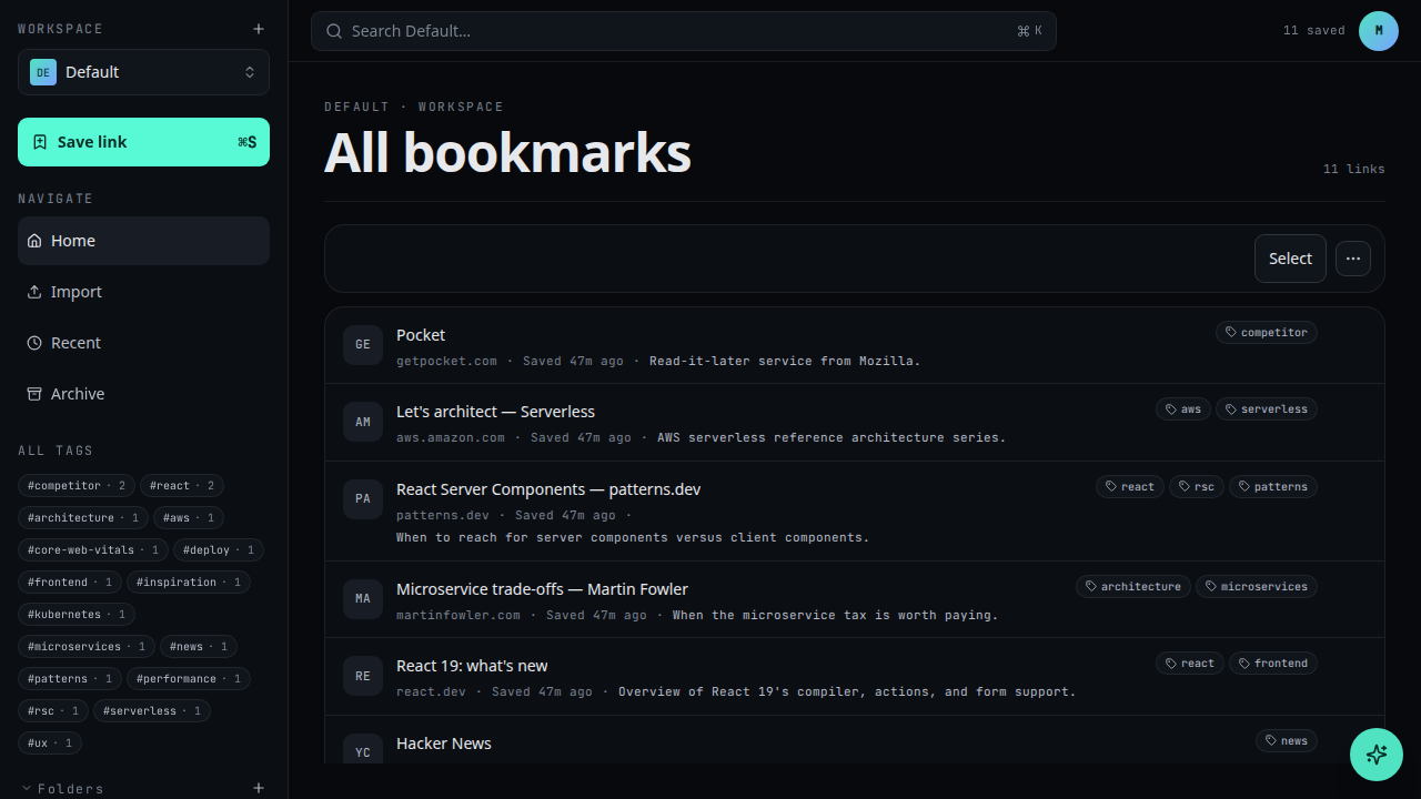 The bookmark appears in the workspace list.