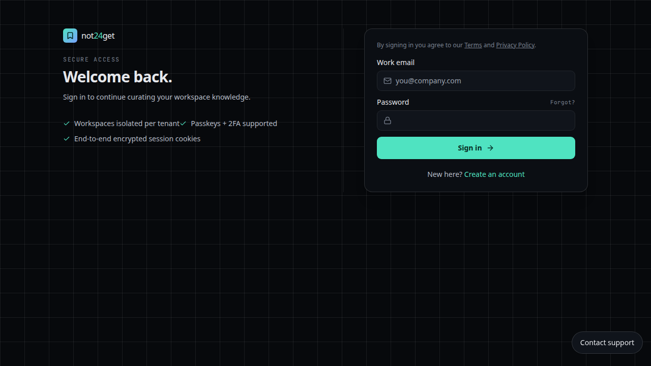 The not24get sign-in screen with email and password fields.
