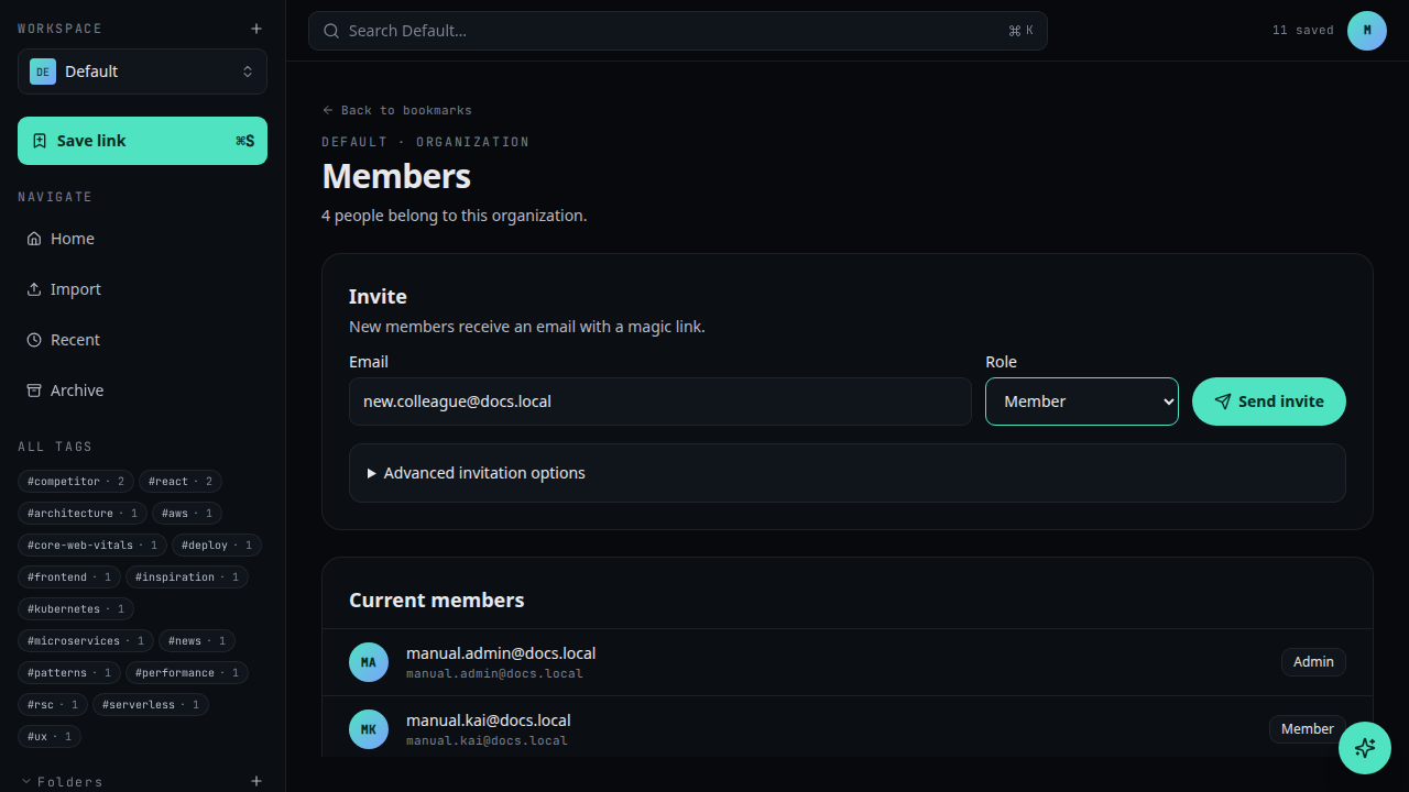 The Invite dialog with email field and role selector.