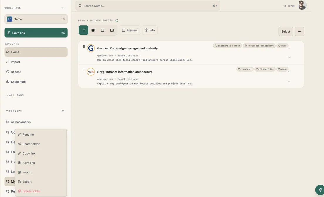 Folder context menu in not24get showing Rename, Share folder, Copy link, Save link, Import, Export, and Delete folder