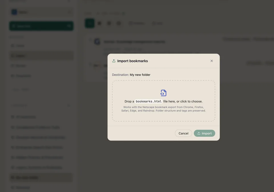 Import bookmarks dialog with Destination set to My new folder and support for browser and Raindrop HTML exports