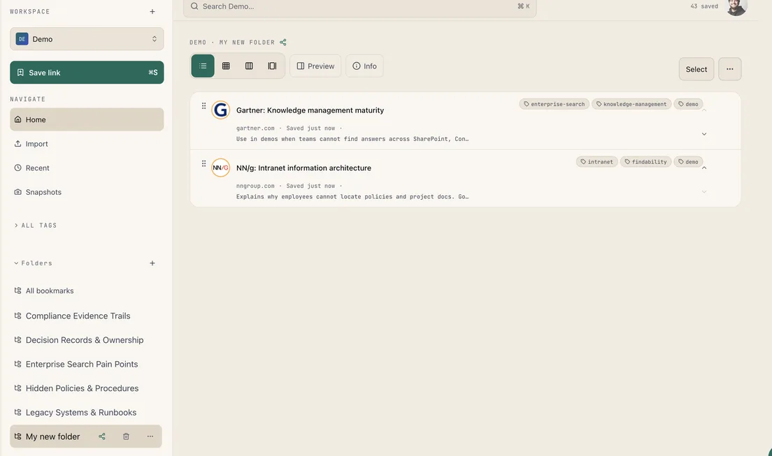 My new folder open in Bookmark Hub with saved links, tags, and share actions on the folder row