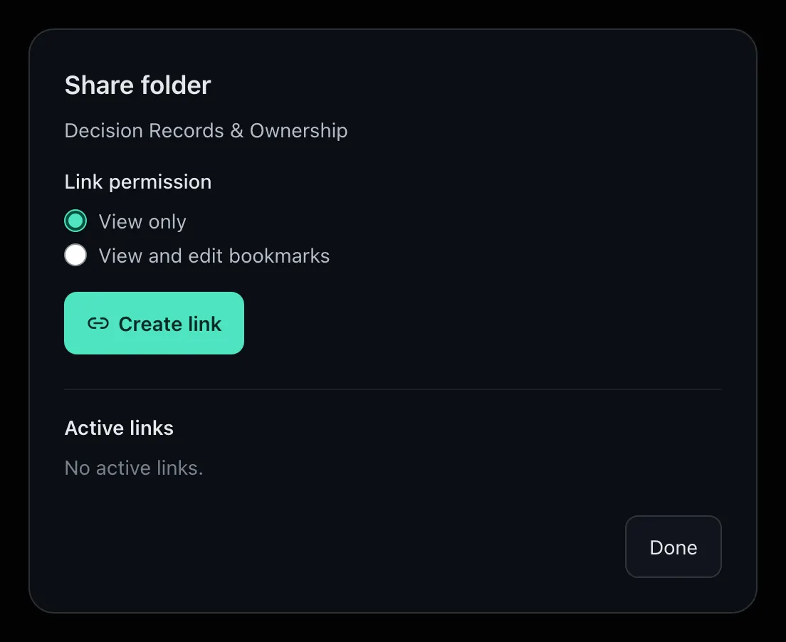 Share folder dialog with link permission options and create link action.