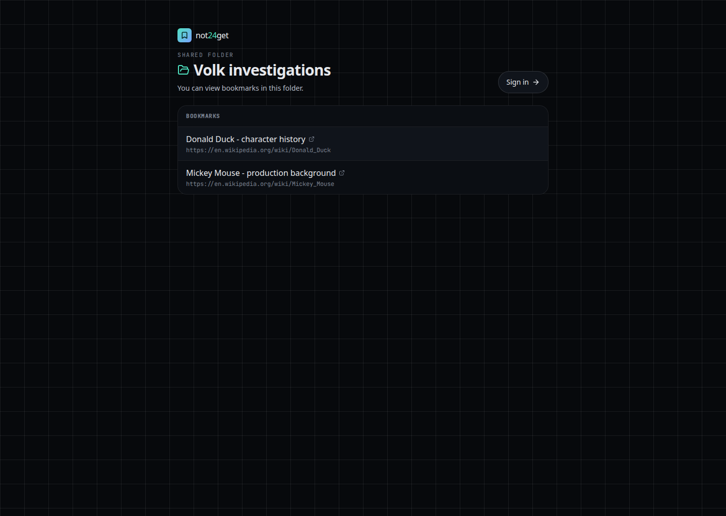 Public shared folder page showing bookmark previews and sign-in call to action.