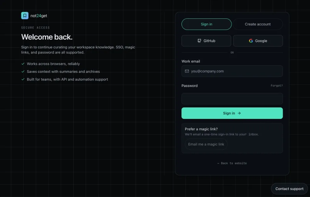 not24get.me sign-in page with GitHub, Google, password, and magic link options