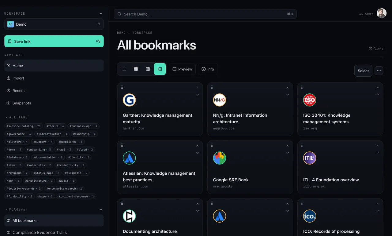 not24get.me Bookmark Hub workspace with folders and saved links